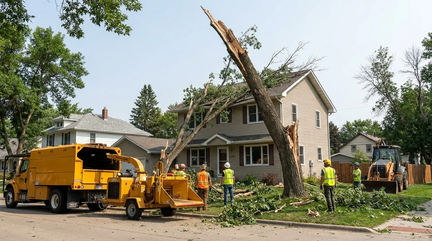 Storm-damaged tree leaning over a Fargo home after high winds