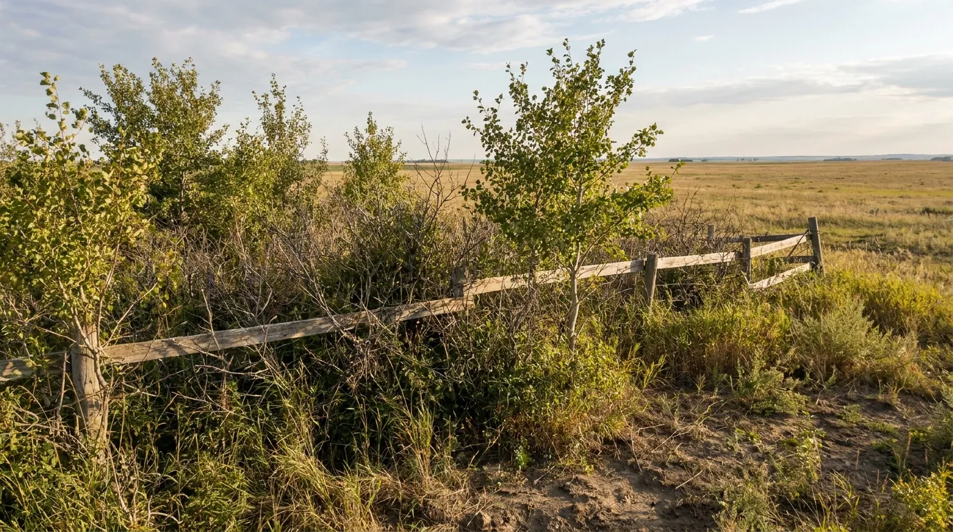 Overgrown brush and small trees along a fence line near Fargo