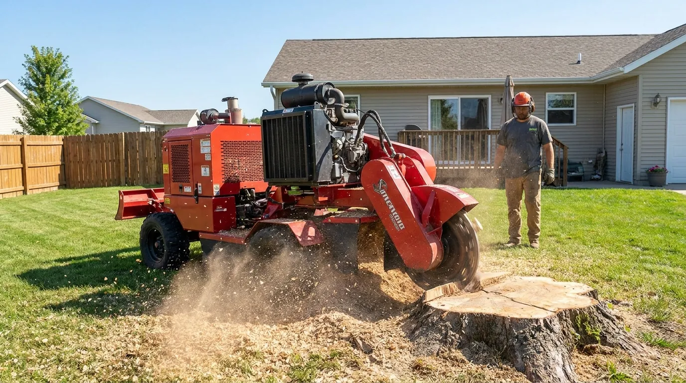 A stump grinder reducing a tree stump to chips in a Fargo backyard
