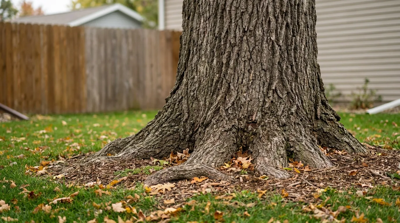 Close look at the base and trunk of a mature tree in a Fargo yard