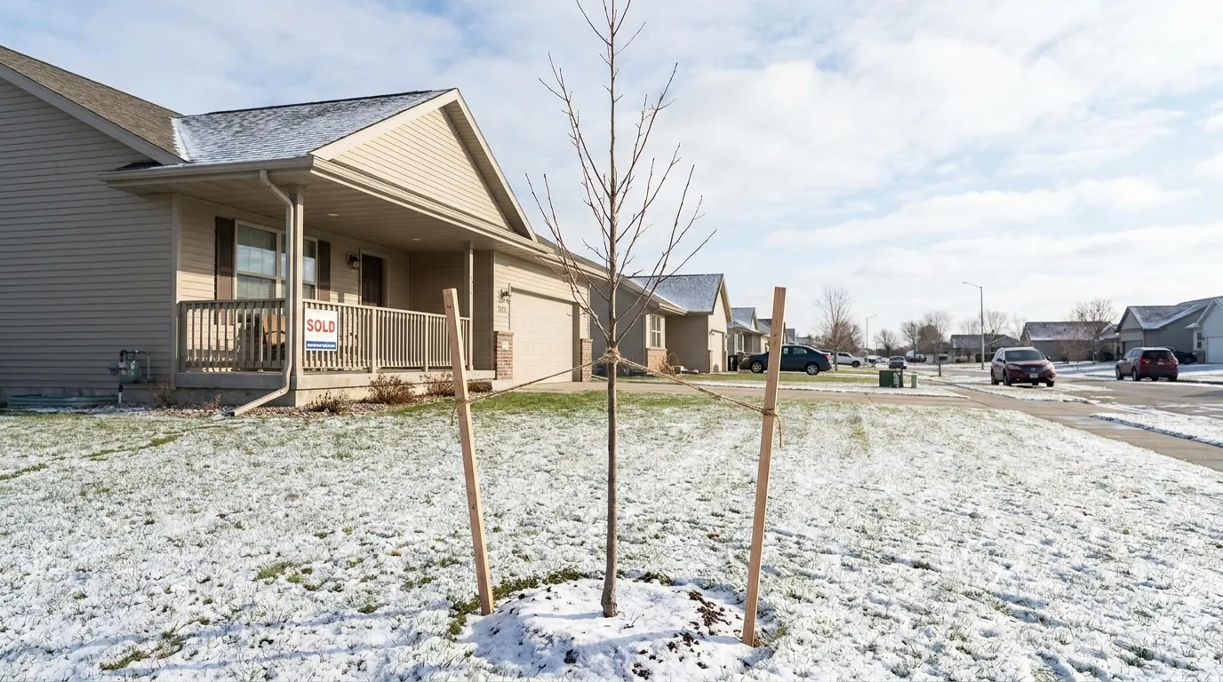 A newly planted young tree staked in a Fargo front yard
