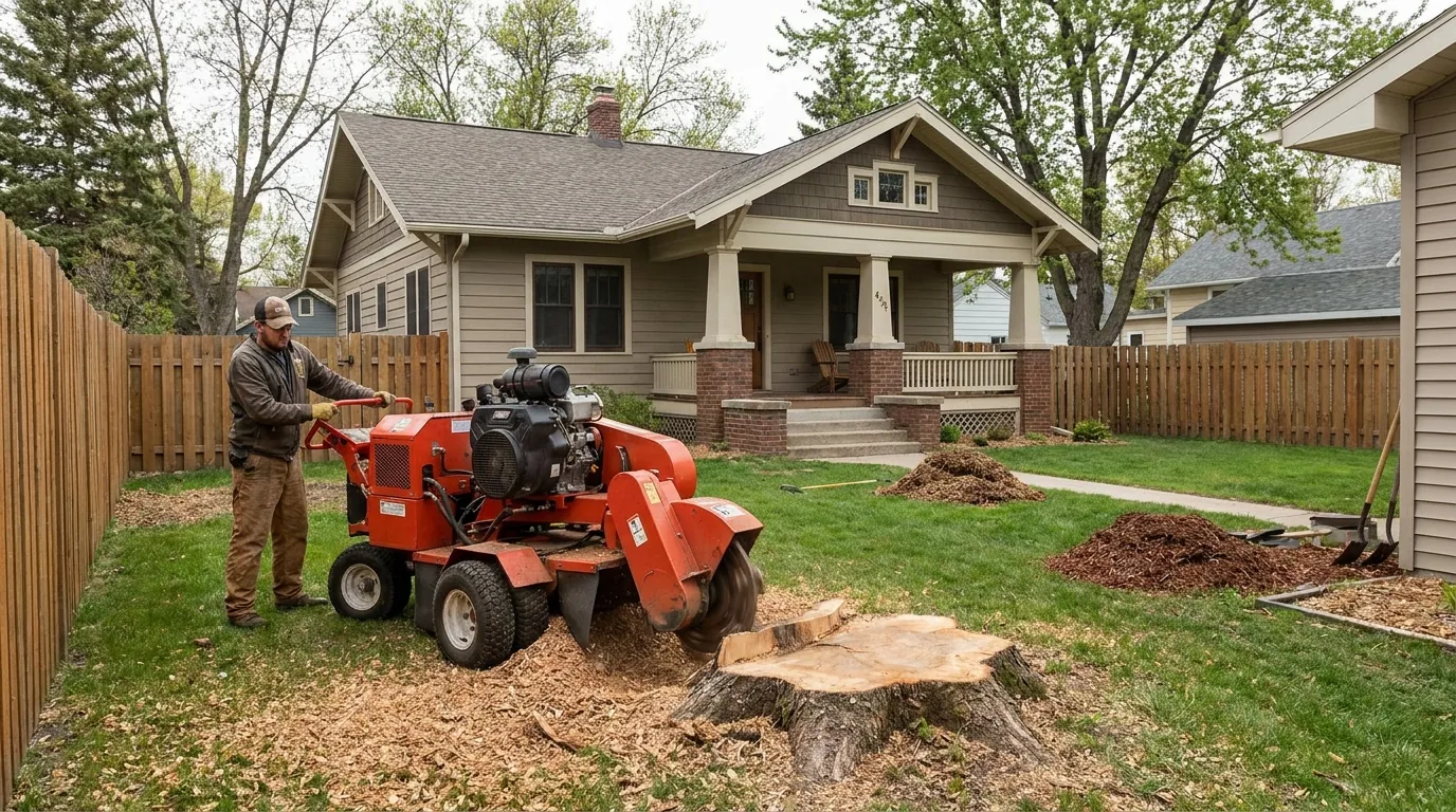 A stump grinder reducing a tree stump in a Fargo backyard