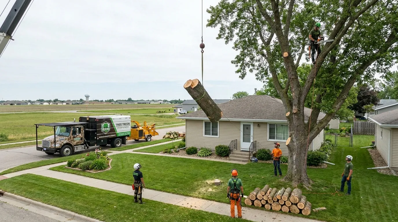 A large tree being removed in sections over a Fargo yard