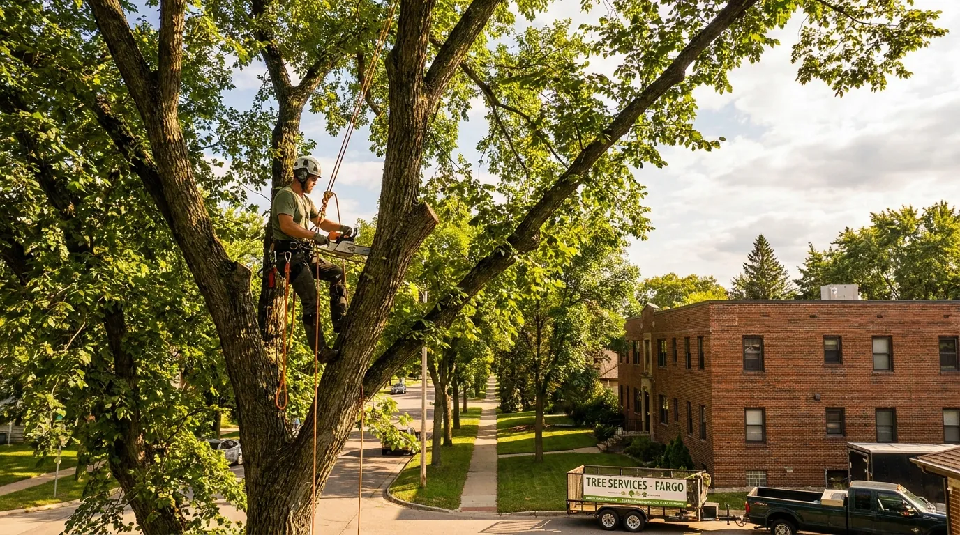 An arborist trimming the upper canopy of a shade tree in Fargo